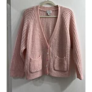Vintage DB Sport Pink Sweater Cardigan Heart Buttons Pockets Open Knit Medium